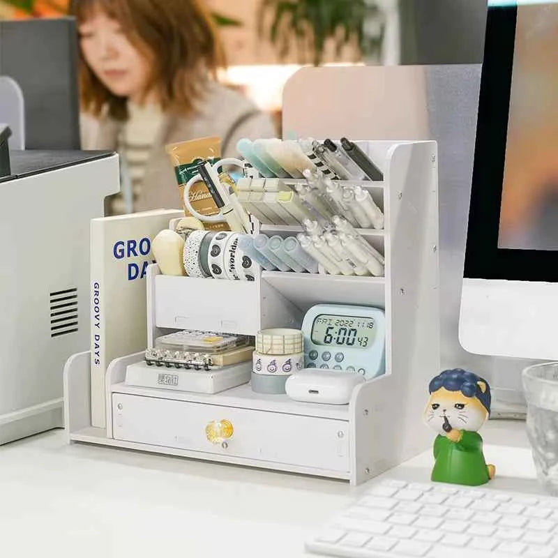 Mark Pen Pencil Holder Wooden Desk Organizers Shelves Accessories Desktop Stationery Organizer Bookshelf Home Office Storage Box