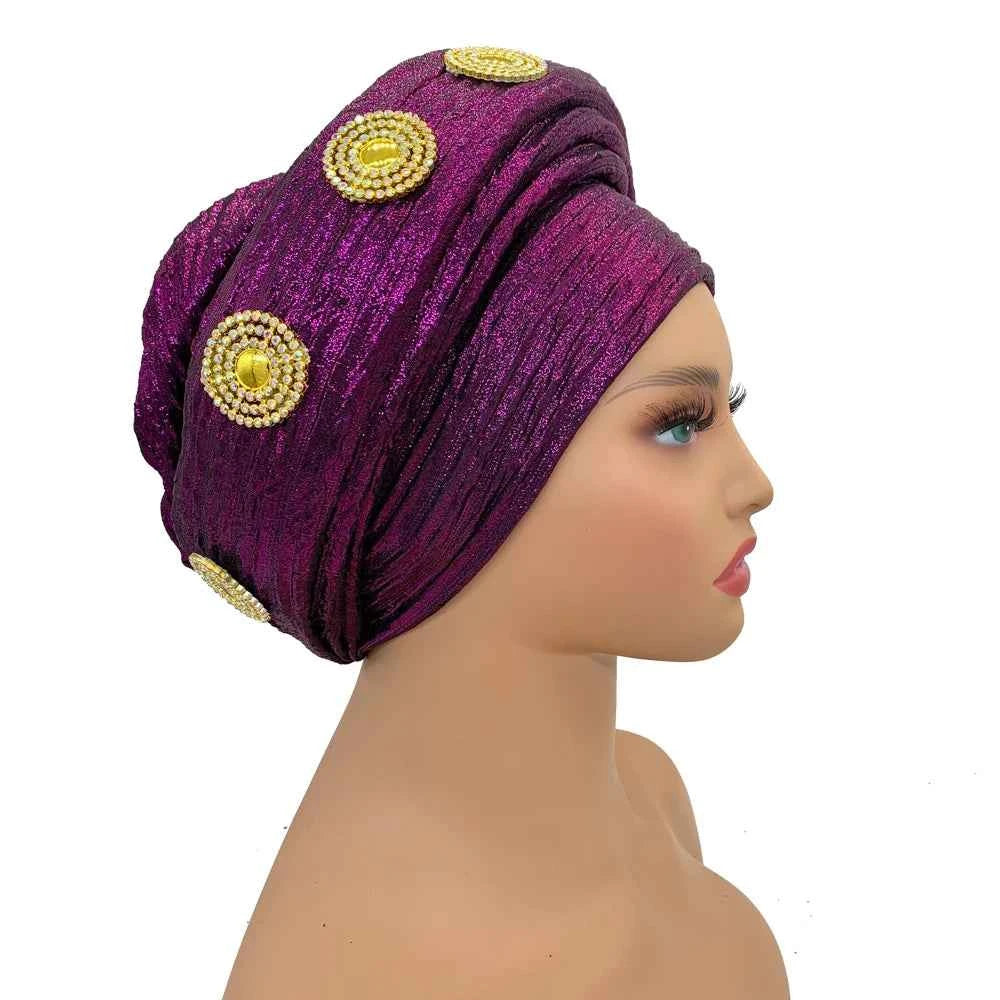 Already Made African Headtie Glitter Diamonds Women's Turban Cap Female Head Wraps Nigeria Wedding Auto Geles Party Headwear Hat