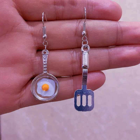 Egg Pot Spatula Earrings Poached Egg Fried Egg Spatula Earrings Kitchen Utensils Creative Asymmetric Earrings