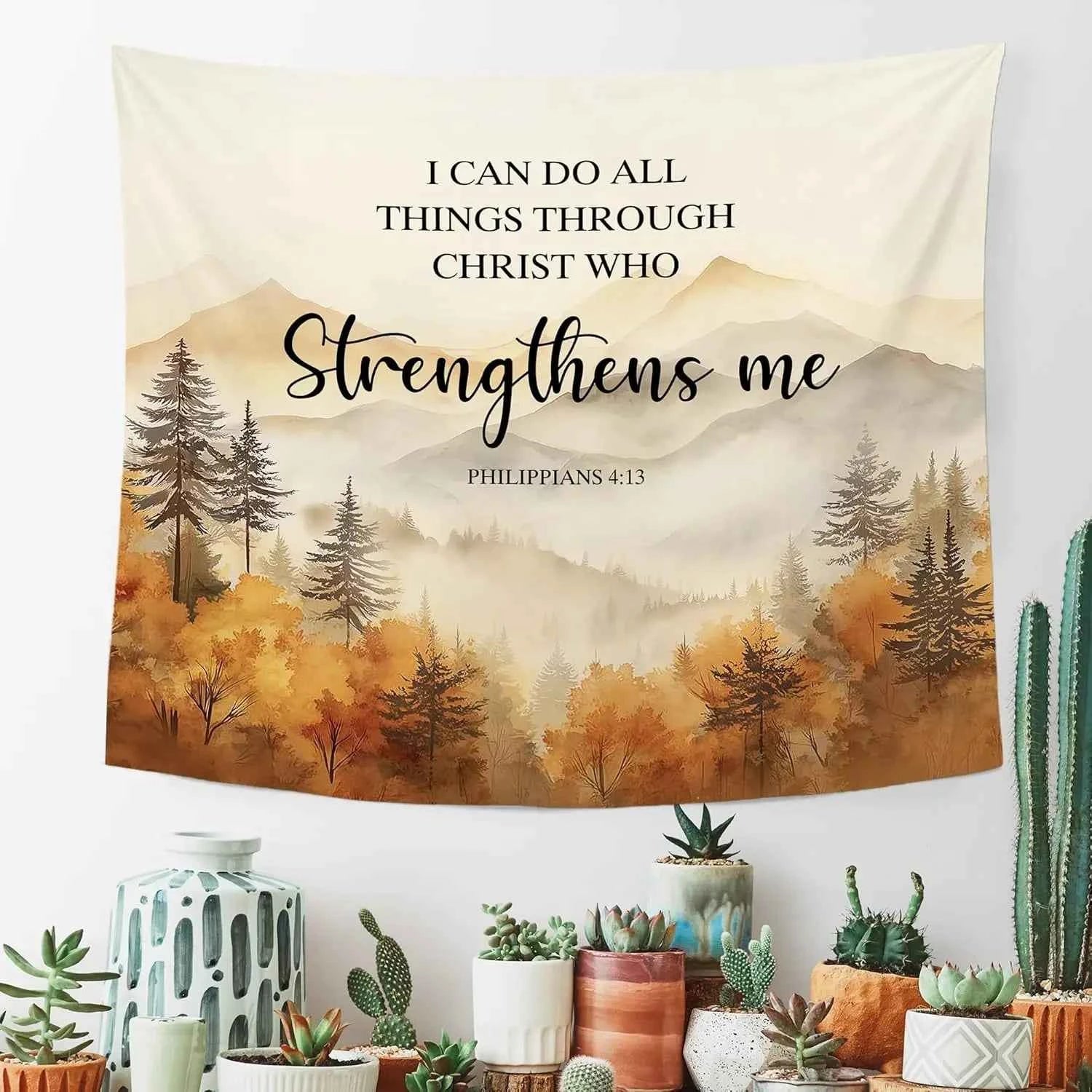 Christian Fall Mountian Wall Tapestry Hanging for Bedroom, Bible Verse I Can Do All Things Tapestries,Watercolor Autumn Orange