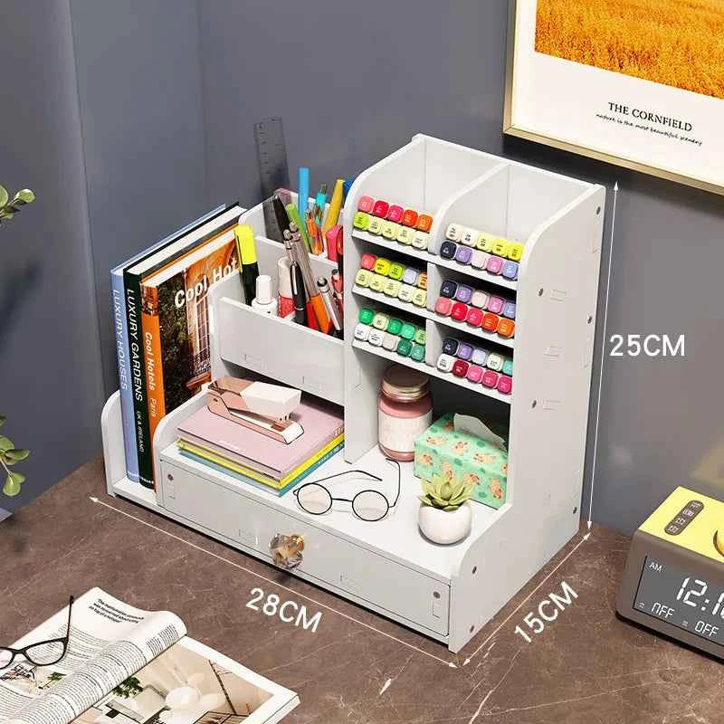 Mark Pen Pencil Holder Wooden Desk Organizers Shelves Accessories Desktop Stationery Organizer Bookshelf Home Office Storage Box