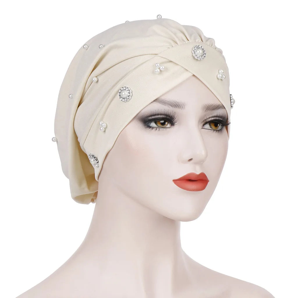 1PC New Women Elastic Turban Hat Muslim Hijab Islamic Beads Cancer Chemo Cap Ladies Hijab Stretch Head Wrap Head Scarf Hair Loss - NamafadStore