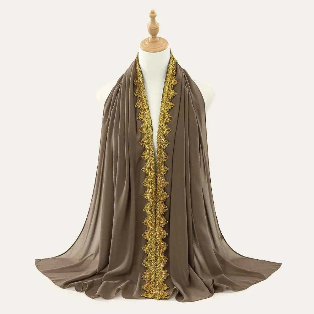 Luxury Silk Chiffon Hijab Scarf Long Gold Sequin Wraps Shawl Glitters Thin Islamic Turban Beach