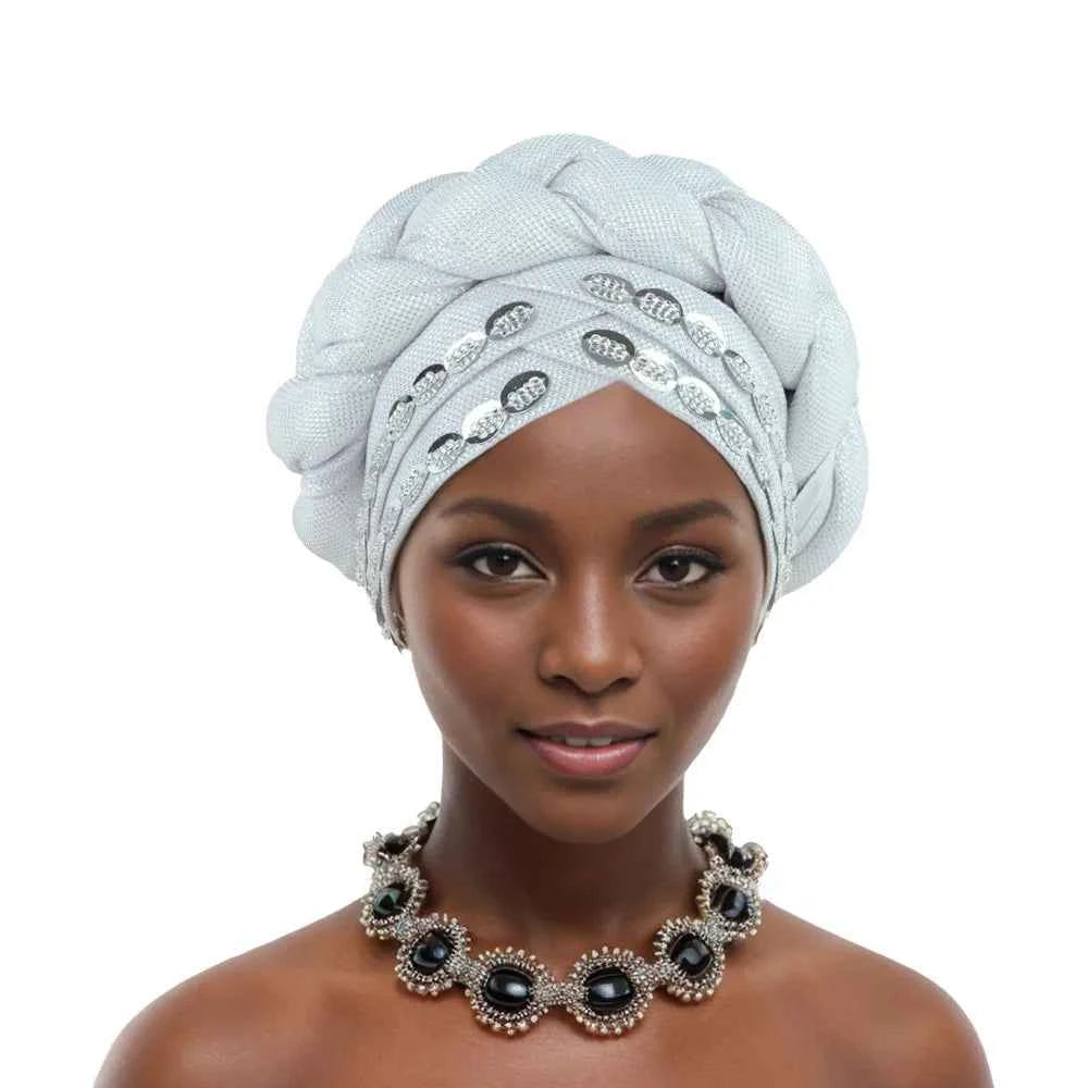 2025 Latest African Auto Gele Headtie Already Made Headties Shinning Turban Cap for Women Ready Nigerian Hijab Braid Head Wraps
