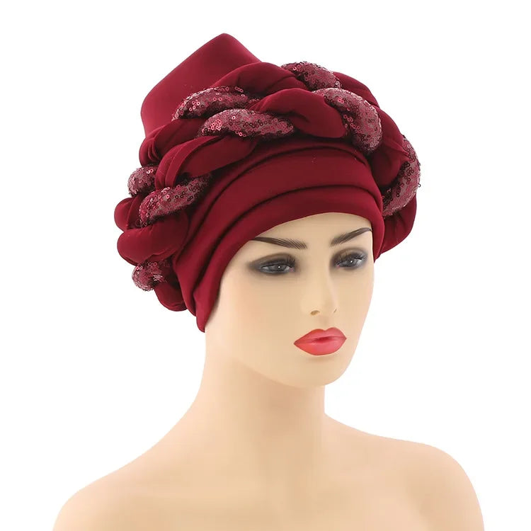 Women Braid Turbans Latest African Headtie Ladies Sequin Head Wraps African Aso Oke Winter Headtie Negerian Wedding Gele Caps