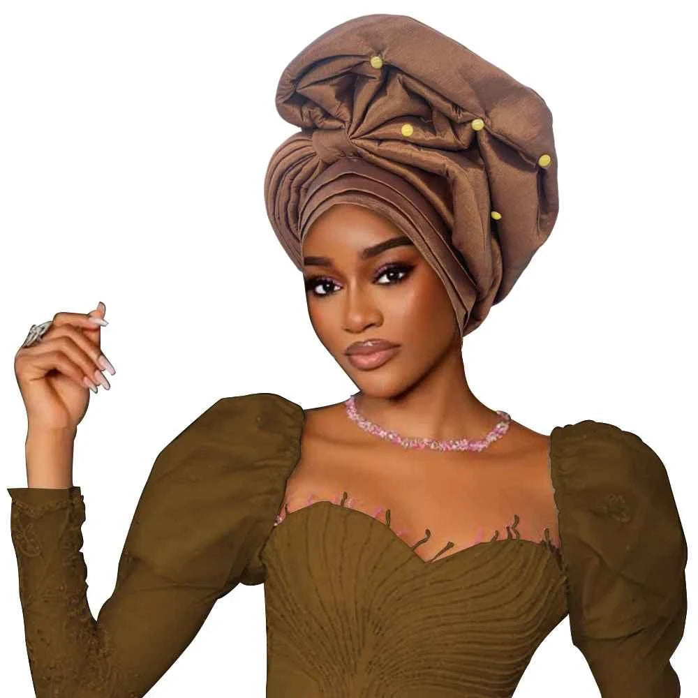 African Female Head Wraps Raw Silk Turban Cap for Women Nigeria Wedding Party Headcover Hat Ready to Wear Head Ties