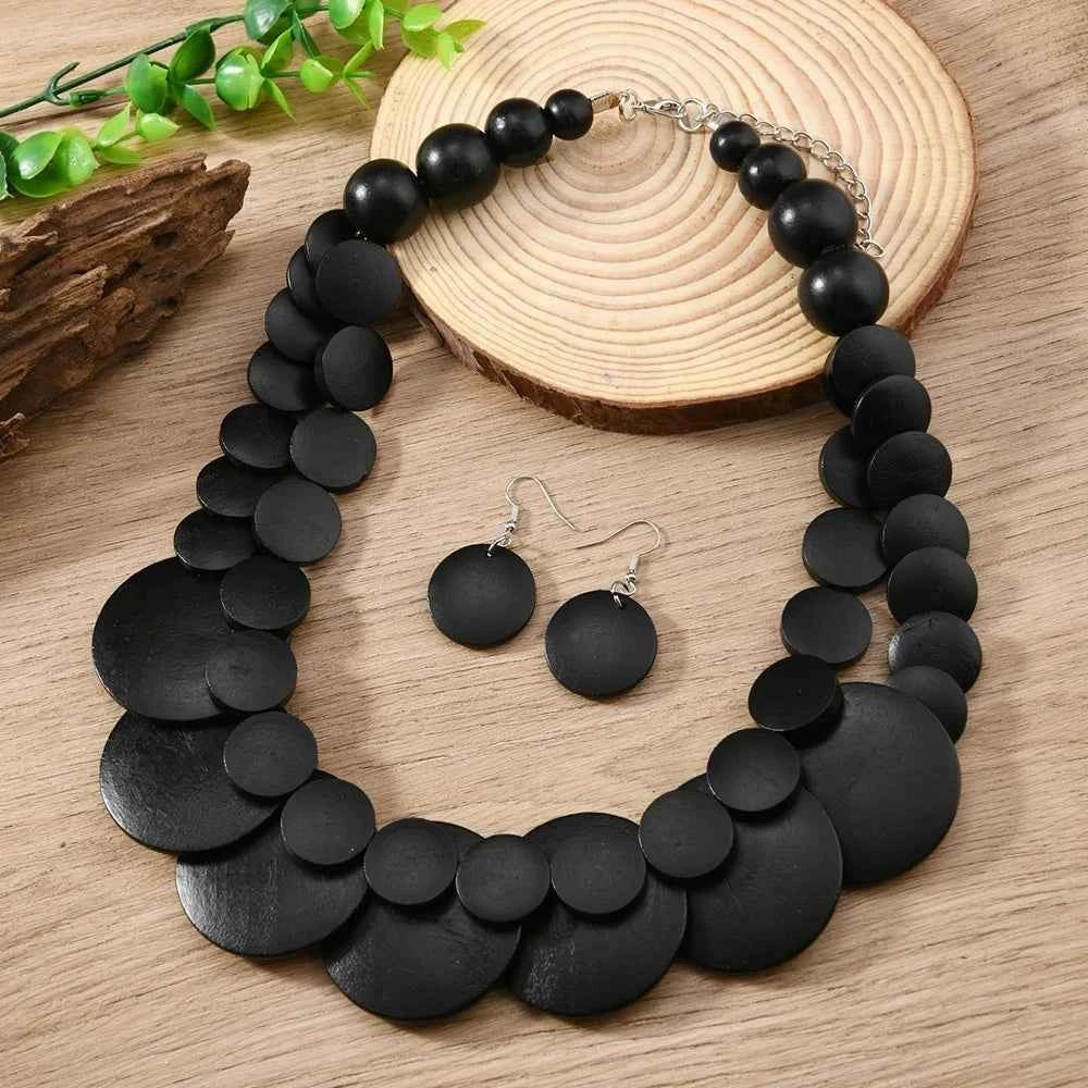 African Jewelry Bohemian Colored Geometric Round Wooden Beads Handmade Bead Necklace And Earrings Women's Party Accessories
