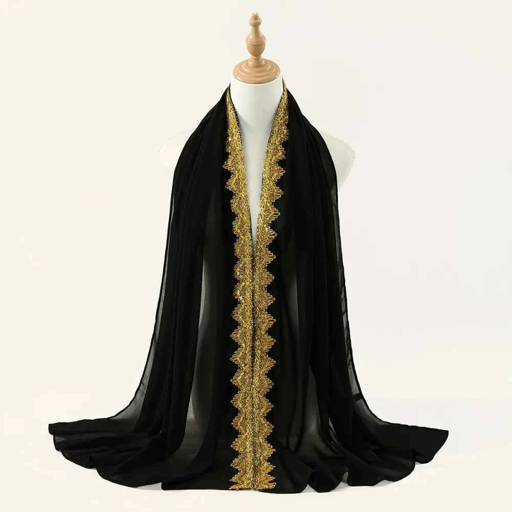 Fashion Silk Chiffon Hijab Scarf Gold Glitters Sequin Wraps Shawl All-march Thin Islamic Turban Beach