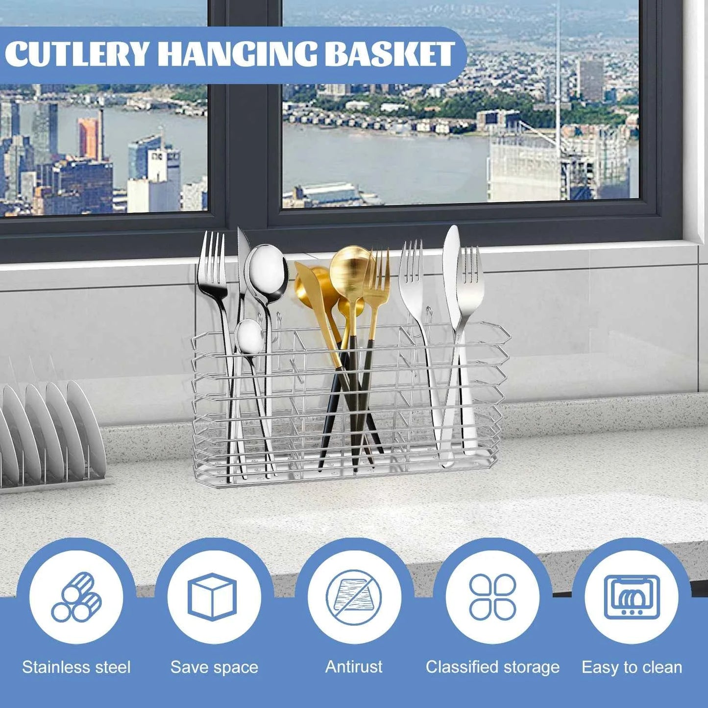 Stainless Steel Utensil Storage Rack Kitchen Chopstick Hanging Holder Cutlery Scoop Storage Basket Sink Countertop Organizers