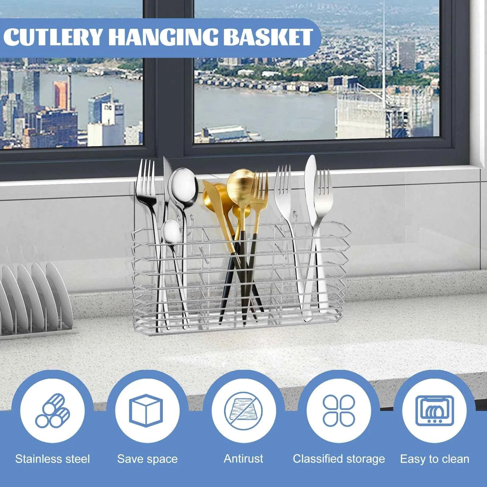 Stainless Steel Utensil Storage Rack Kitchen Chopstick Hanging Holder Cutlery Scoop Storage Basket Sink Countertop Organizers