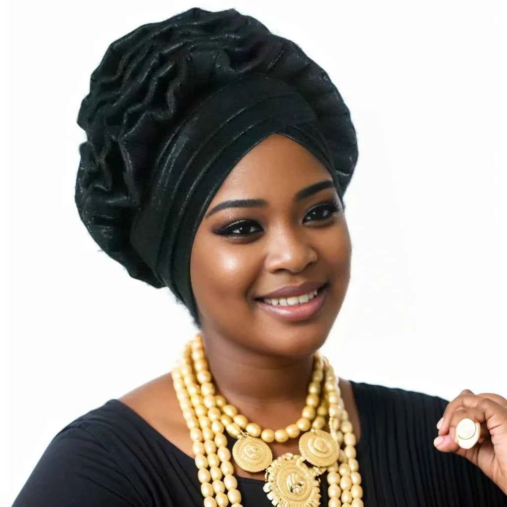 Women’s Glitter Pleated Turban Cap – Auto Gele Headtie African Wedding & Party Head Wrap