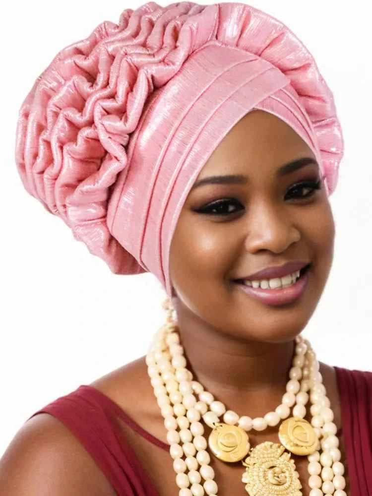 Women’s Glitter Pleated Turban Cap – Auto Gele Headtie African Wedding & Party Head Wrap