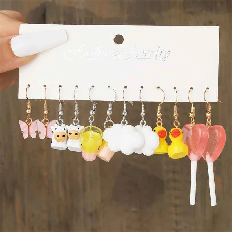 Colorful Butterfly Heart Cartoon Dangle Earrings Set For Women Girl Kids Cute Duck Clouds Resin Drop Earring Jewelry Accessories