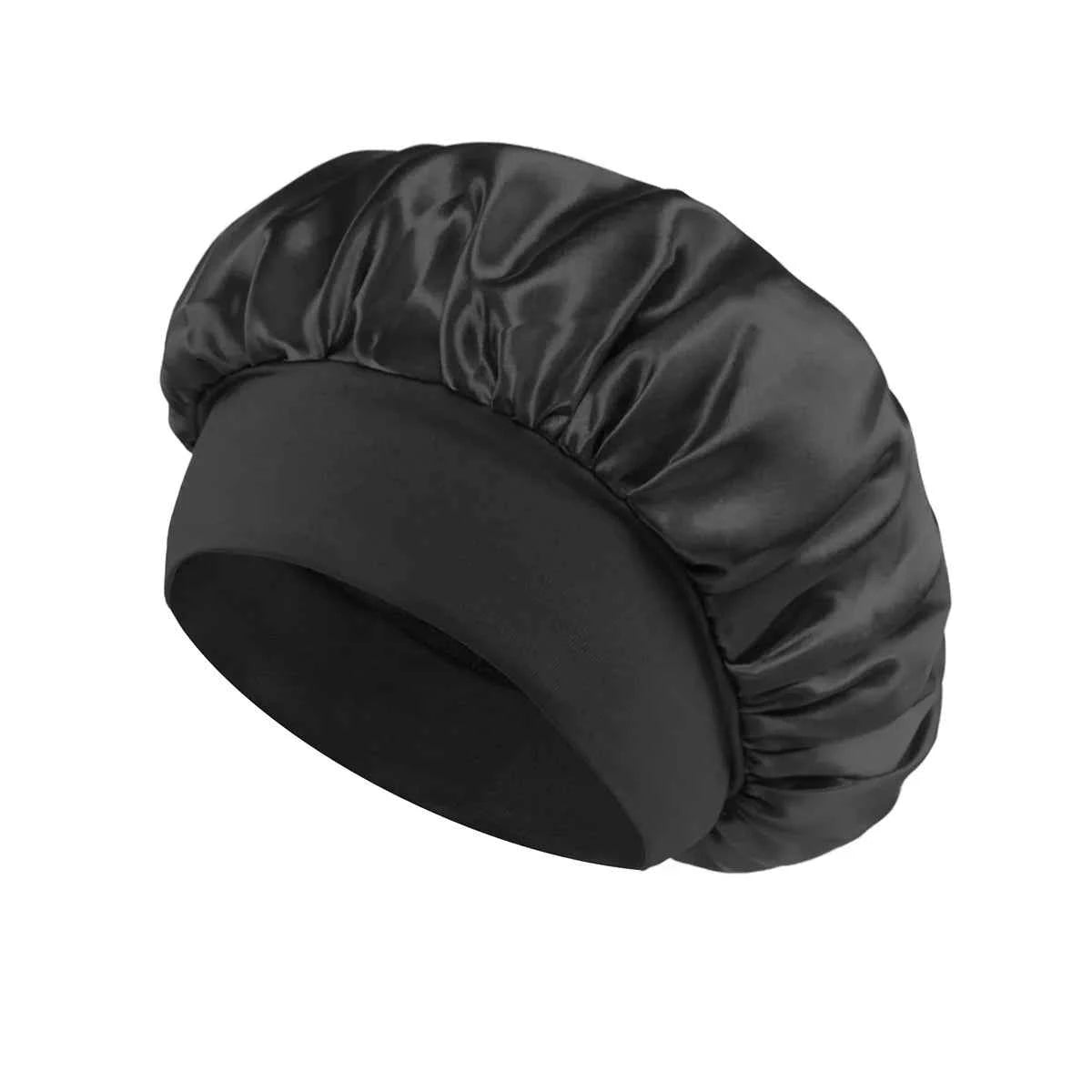 1PC Women's Satin Solid Bonnets Wide-brimmed Night Sleeping Bathing Hat Unisex Head Wrap Elastic Band Cap Hair Care Bonnet.