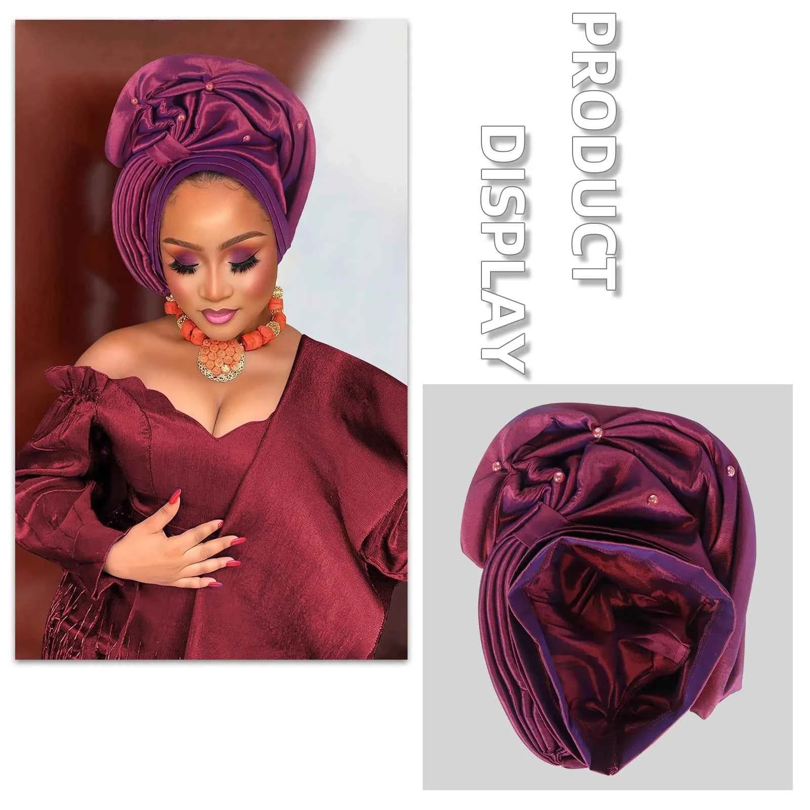 African Female Head Wraps Raw Silk Turban Cap for Women Nigeria Wedding Party Headcover Hat Ready to Wear Head Ties