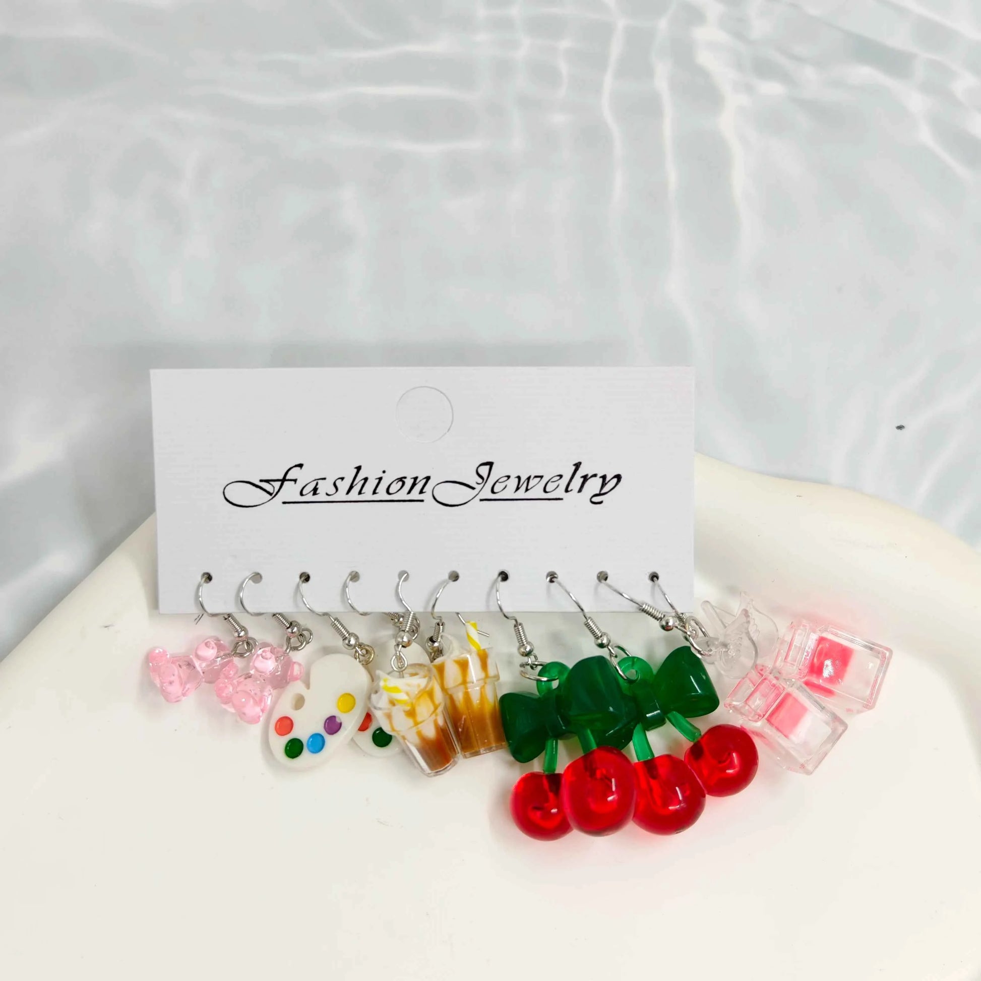 Small Fresh Candy colored Earrings Drawing Board Acrylic Colorful Little Bear Cherry Earnail Eardrop Set