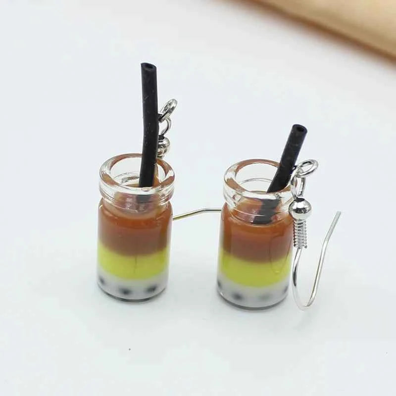 Trend Creative Funny Three Layers Colored Bubble Milky Tea Pendant Earrings for Women Personality Drink Ear Jewelry Girl Gift