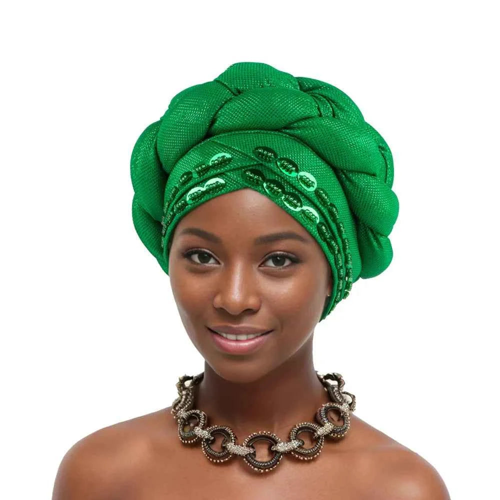 2025 Latest African Auto Gele Headtie Already Made Headties Shinning Turban Cap for Women Ready Nigerian Hijab Braid Head Wraps
