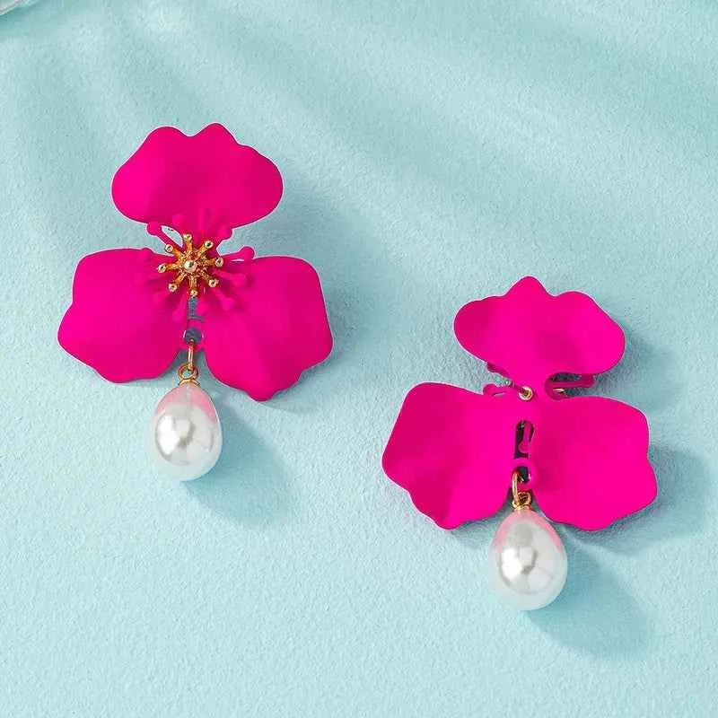 Rose Red Flower Imitation Pearl Dangle Earrings for Women Fashion Multilayer Floral Drop Earrings Jewelry Accessories Party Gift