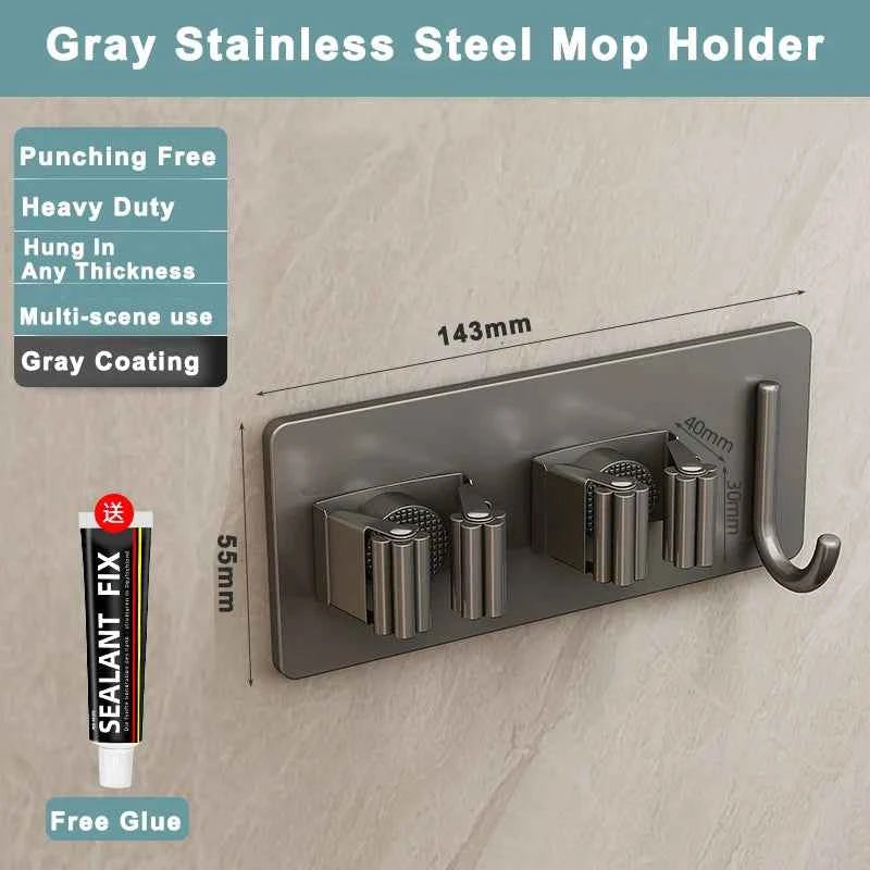 304 Stainless Steel Mop Holder Wall Mounted Adhesive Multi-Purpose Hooks Household Storage Organizer Rack Broom Hanger Stick