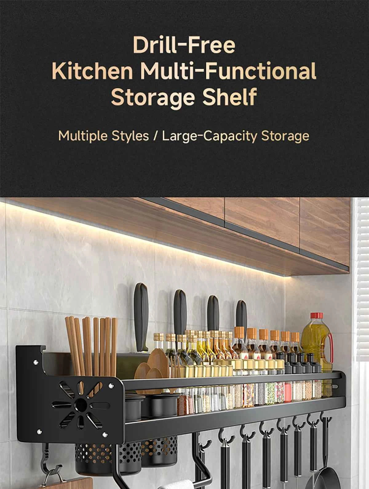 Metal Kitchen Shelf No-Punch Large Capacity Storage Kitchen Utensils Skeletonized Drainage Design Easy to Clean Black