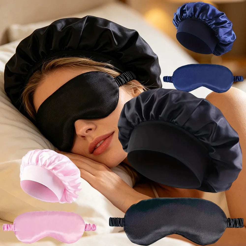 2-Piece Satin Bonnet & Eye Mask Set for Women – Sleep Hair Wrap