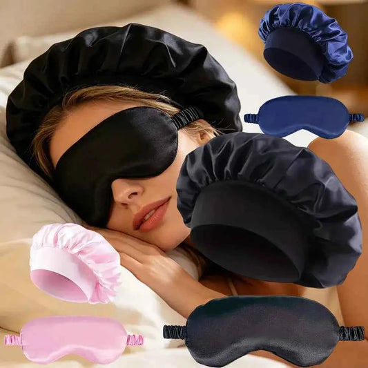 Black satin bonnet and eye mask set with elastic eye mask straps