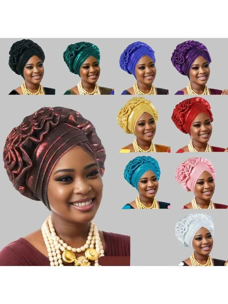 Women’s Glitter Pleated Turban Cap – Auto Gele Headtie African Wedding & Party Head Wrap