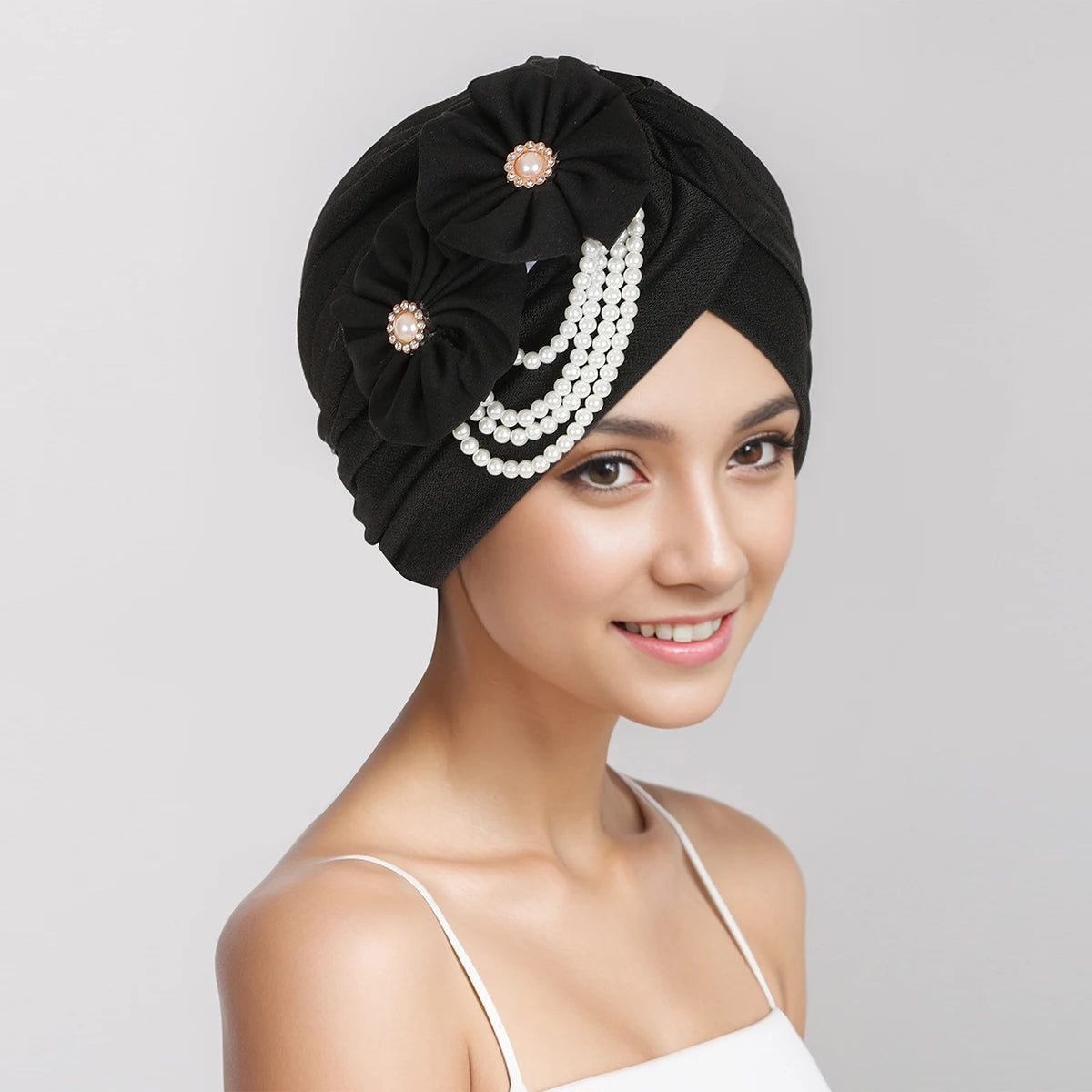 Pearls Beading Turban Cap for Women Flower Design Female Head Wraps Muslim Headscarf Bonnet Hairloss Hat Cover - NamafadStore
