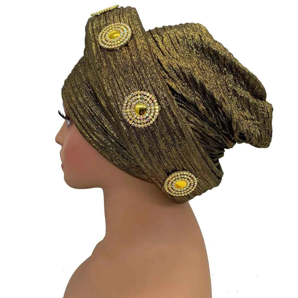 Already Made African Headtie Glitter Diamonds Women's Turban Cap Female Head Wraps Nigeria Wedding Auto Geles Party Headwear Hat