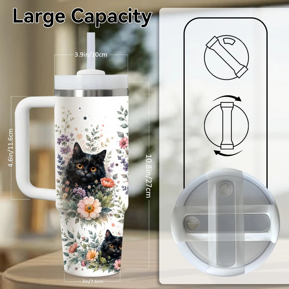 Cat & Floral 40oz Tumbler – Cute Stainless Steel Insulated Cup with Straw