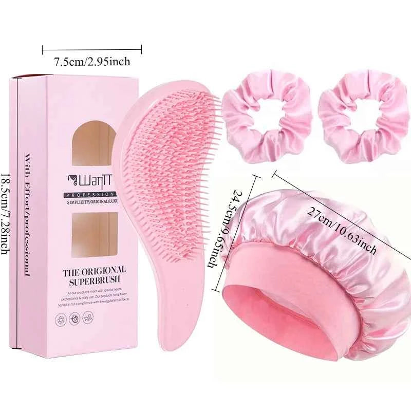 2/4Pcs Hair Care Set Scalp Massage Detangling Comb + Satin Sleep Cap + 2 Hair Scrunchies, Anti-Frizz Hair Accessories for Women