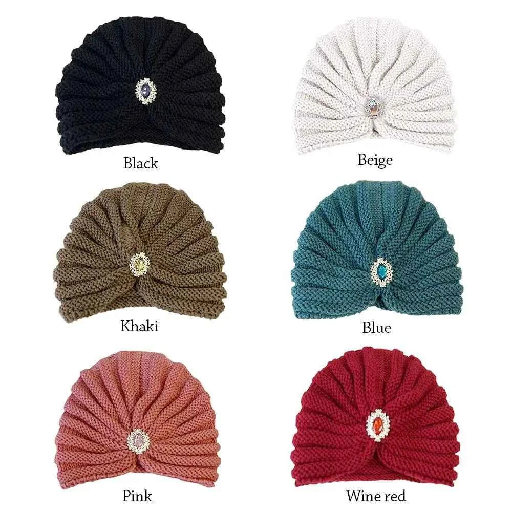 Fashion Winter Warm Hijab Caps Soft Thick Bohemia Turban Diamond Jewelry Wool Knitting Knitted Hats for Women