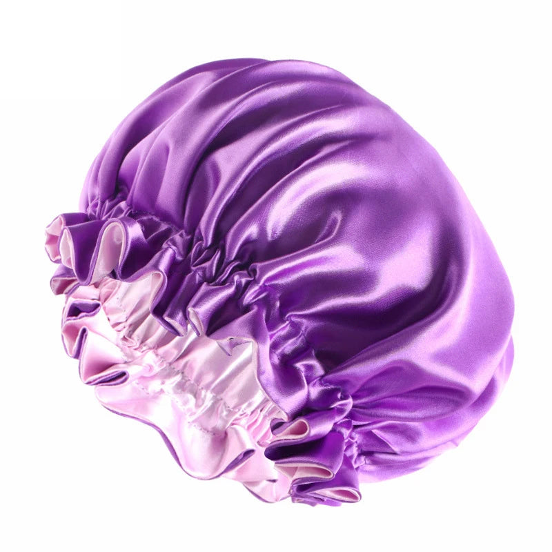 New Solid Elastic Double Layer Satin Bonnet Nightcap Women Night Sleep Hair Protection Hat Reversible Sleeping Hat Hair Care New - NamafadStore