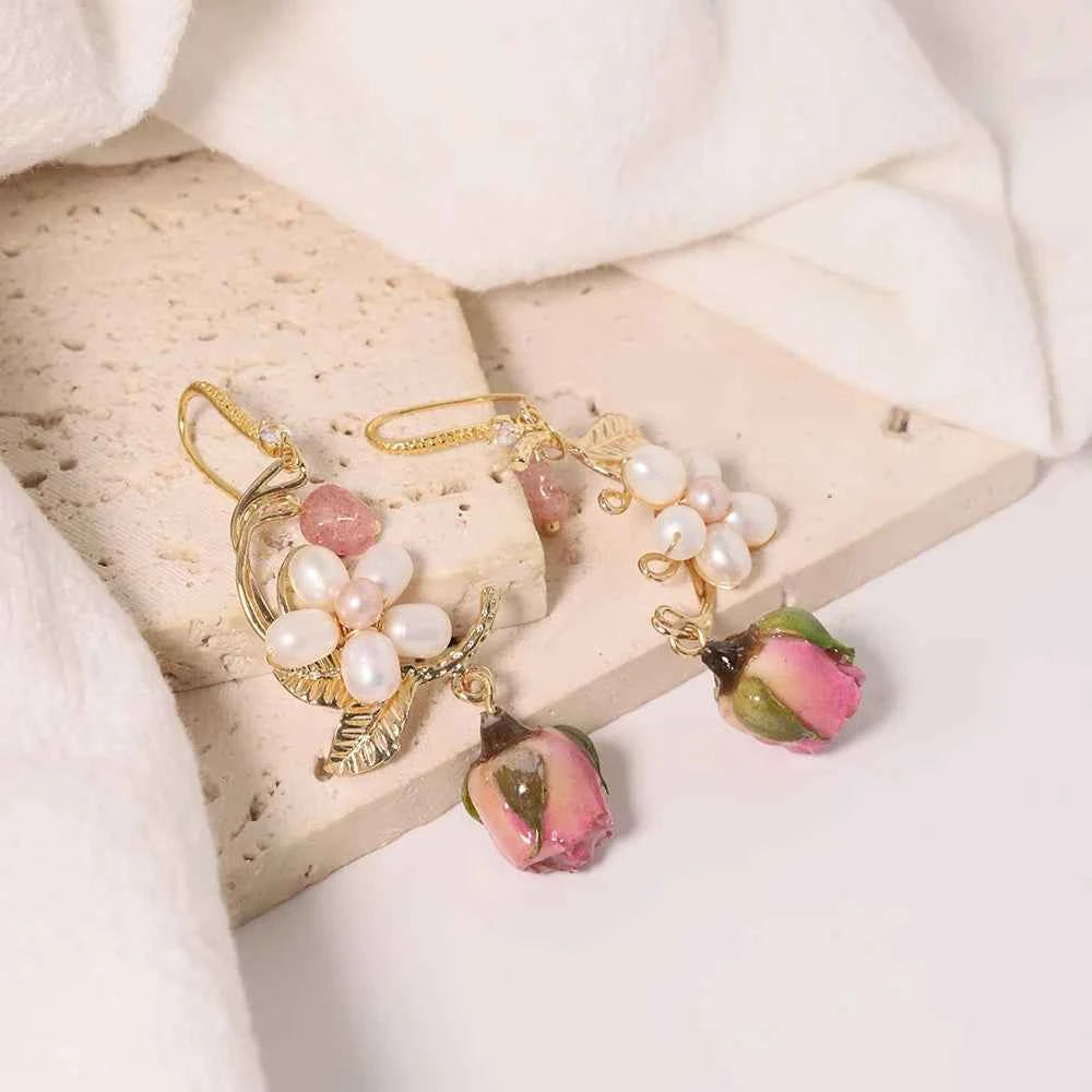 Natural Freshwater Pearl Drop Gel Flower Earrings Korean Style Women's Luxury Vintage Jewelry Fashion Ladies and Girls Gift