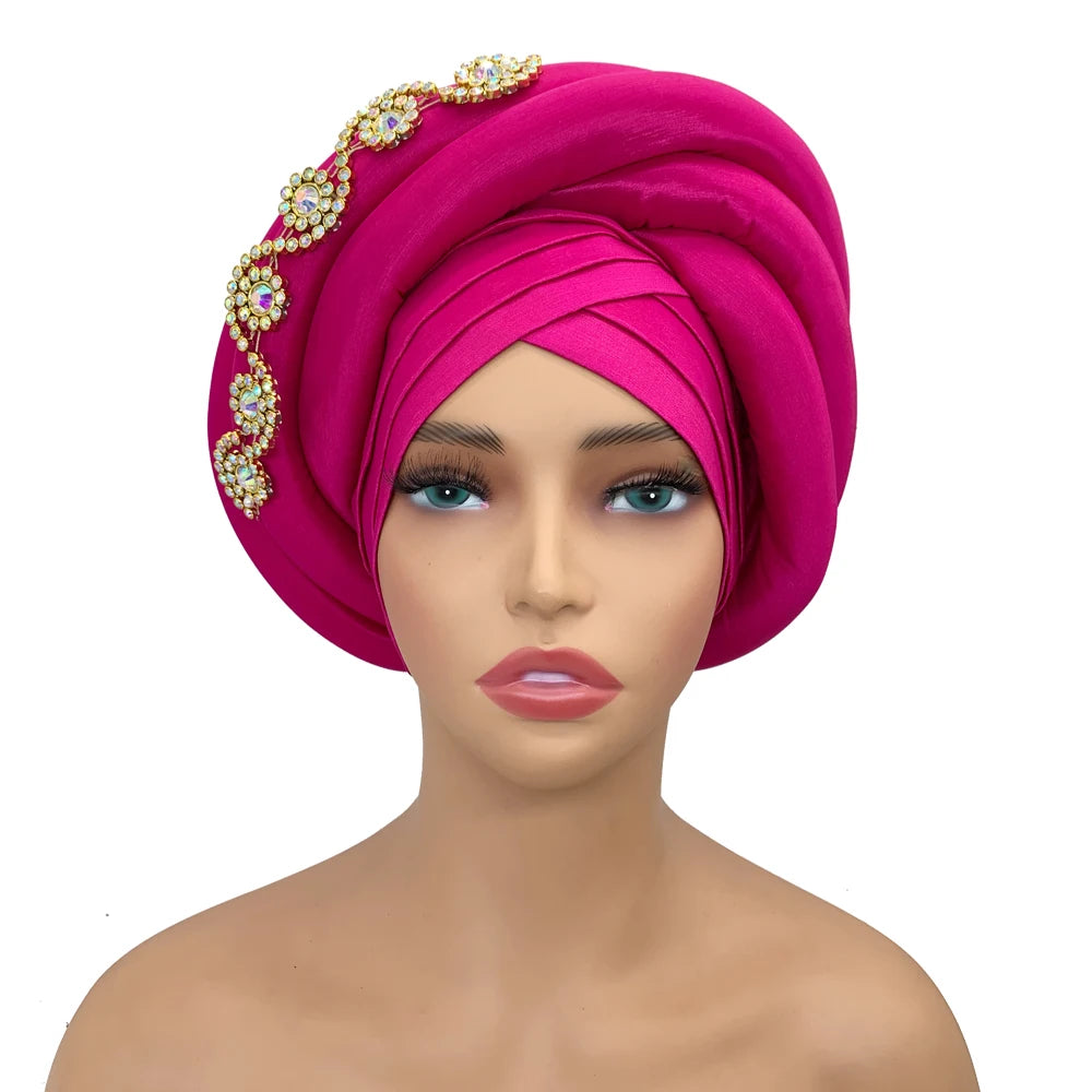 Twisted Braid Turban Cap for Women African Lady Head Wraps Diamonds Nigeria Raw Silk Autogele Headtie Muslim Hat Party Headwear - NamafadStore