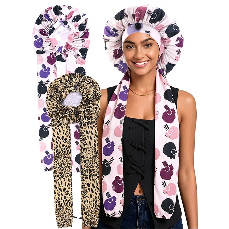 2-Piece Ice Silk Hair Bonnet & Head Wrap – Long Tube Sleep Caps