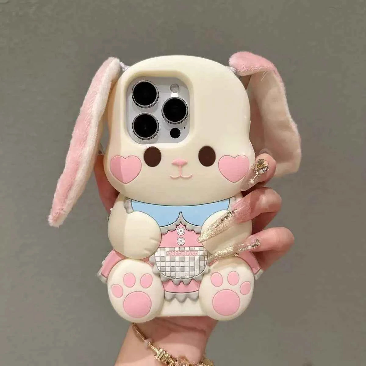3D Plush Ears Rabbit Phone Case For iPhone 17 16 Promax 15 14 13 12 11 Pro 6 7 8 Plus X XS XR Max Cartoon Soft Silicone Cover