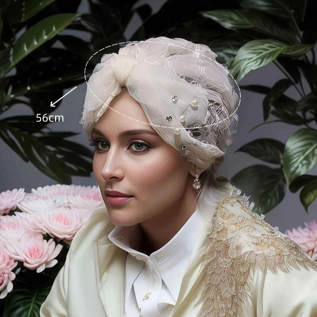 Indian Turban Hat for Women Rhinestone Stretch Headwarp Head Cover Bonnet Muslim Crysta Pleated Headscarf Hat