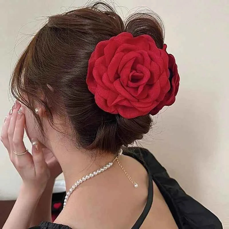 French Romantic Rose Flower Hair Clip Women Elegant Large Shark Clip Hair Claw Ponytail Barrettes Girl Hair Accessories Headwear
