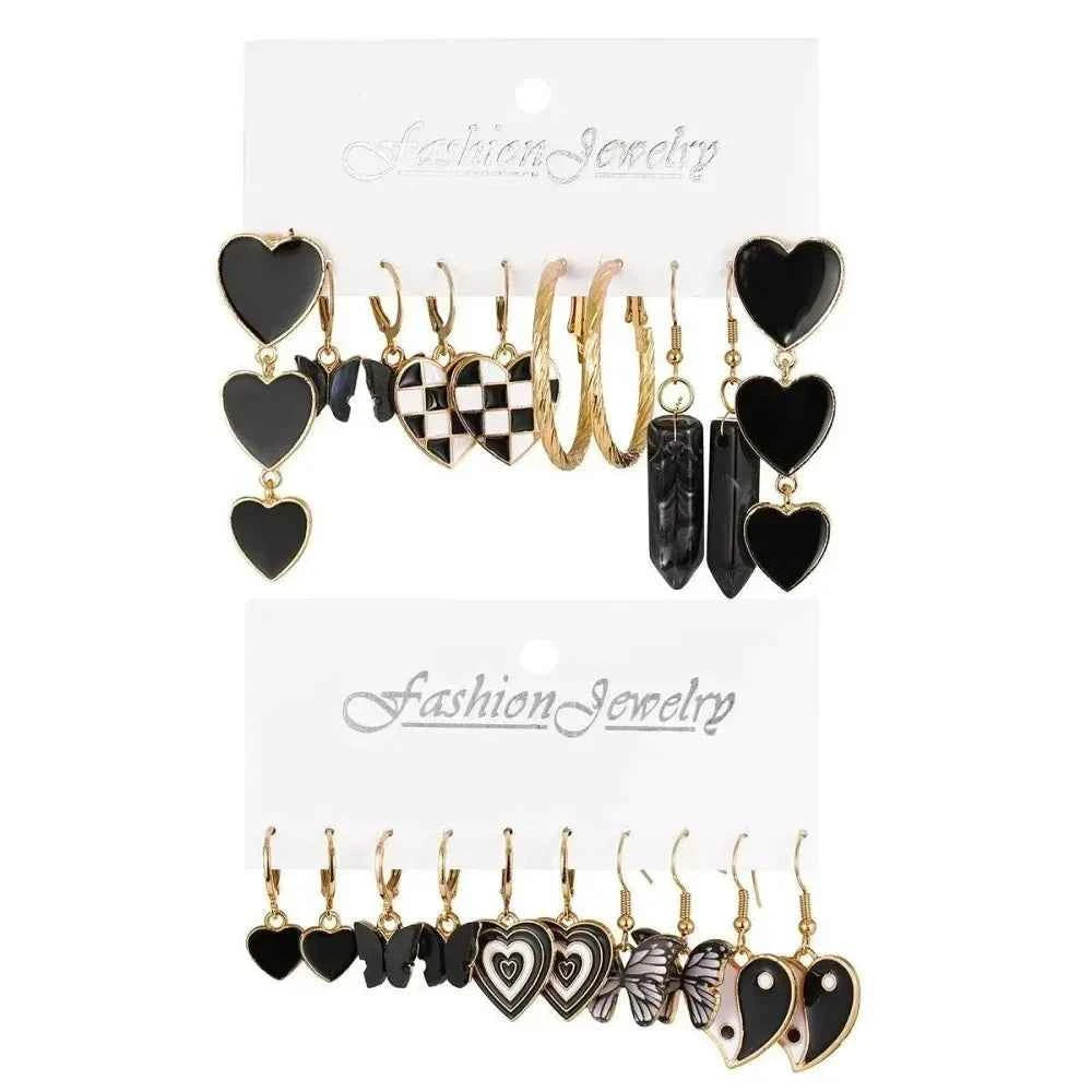 12Pcs Classic Fashion Butterfly Heart Drop Dangle Earrings for Women Charm Gold Color Enamel Pearl Hoop Earring Punk Jewelry Set