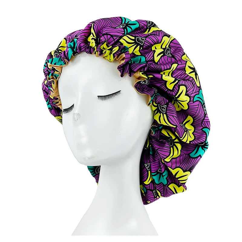 New Big Print Ankara Women Satin Bonnet Head Cover Silky Satin Elastic Sleep Cap Ladies Head Wrap Hat Hair Accessories Fashion - NamafadStore