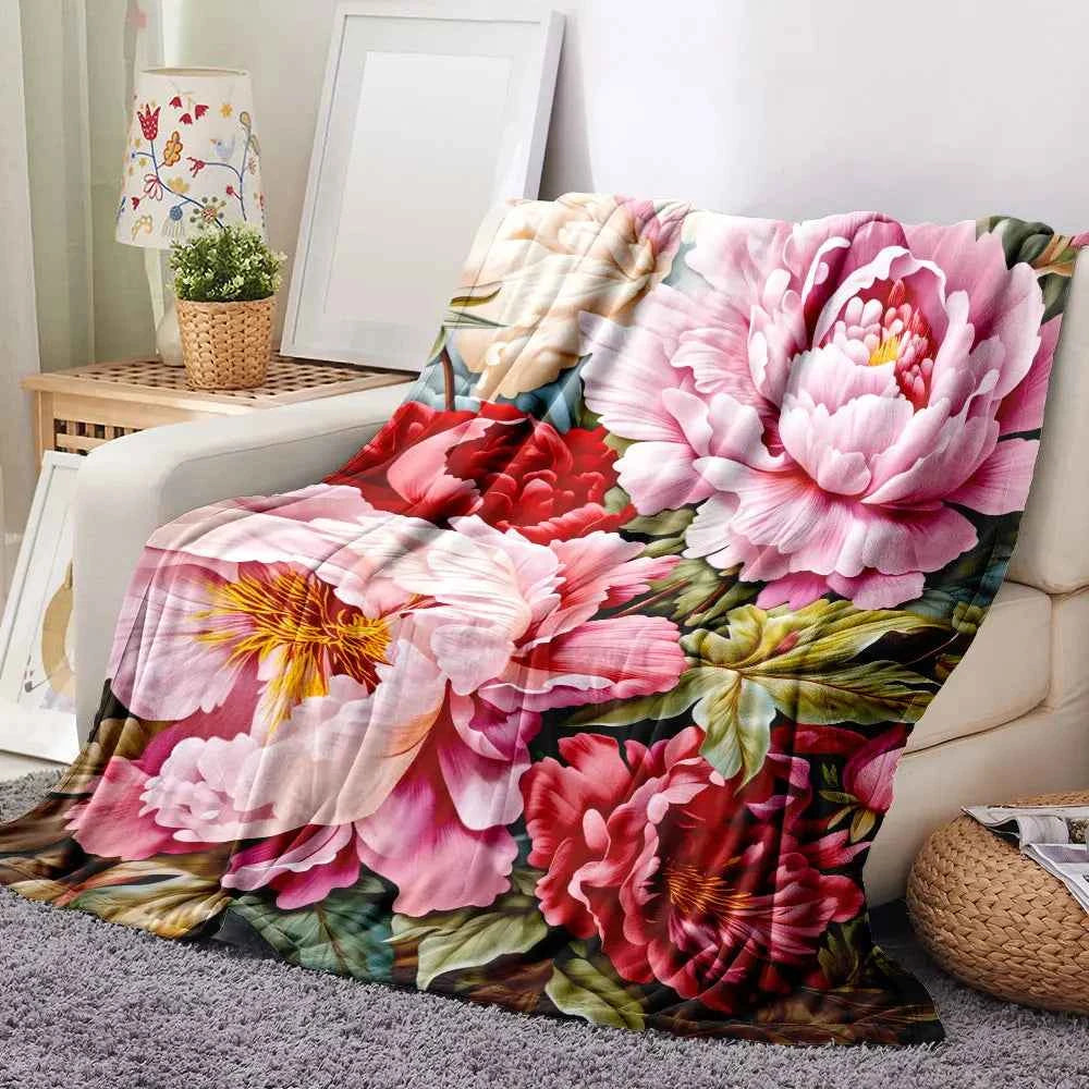 Peony Blush & Red Floral Throw Blanket - Soft, Lush Textured Design with Pink/Red Peonies, Golden-Yellow Stamens, Green Leaves -