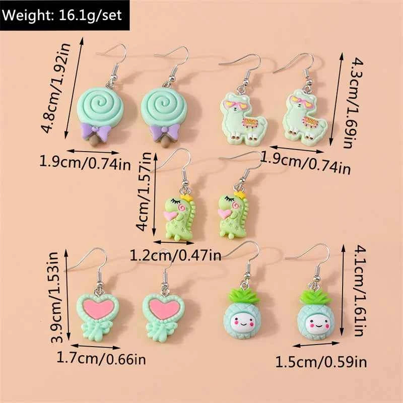 5Pairs/Set Fashion Flower Drop Earrings for Women Resin Heart Animal Dangle Hooks Earrings Girls Party Holiday Jewelry Gifts