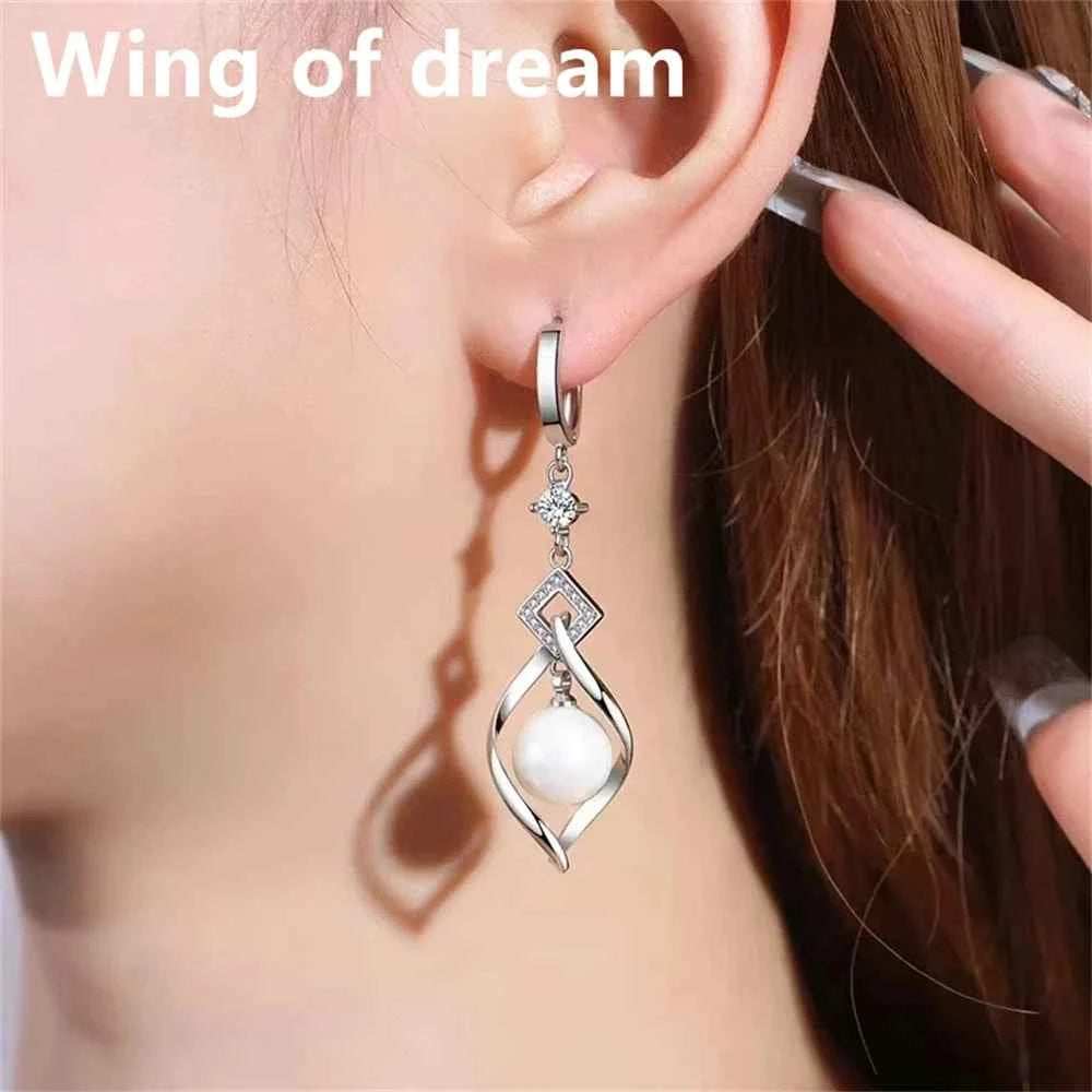 925 Sterling Silver Crystal Zirconia Natural Pearl Earrings, Women's Fashion Gorgeous Wedding Engagement Party Jewelry
