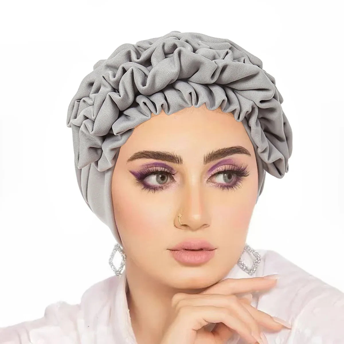 Trendy Crinkle Women's Hijab Solid Color Muslim Ladies Turban Bonnet Flower Decor Ramadan Head Wrap Head Scarf Indian Hat Mujer - NamafadStore
