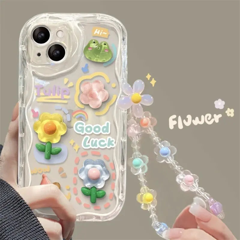 3D Cartoon Cute Flower Case For iPhone 16 15 14 Plus 13 12 Mini 11 Pro XR XS Max cover With Wrist Chain