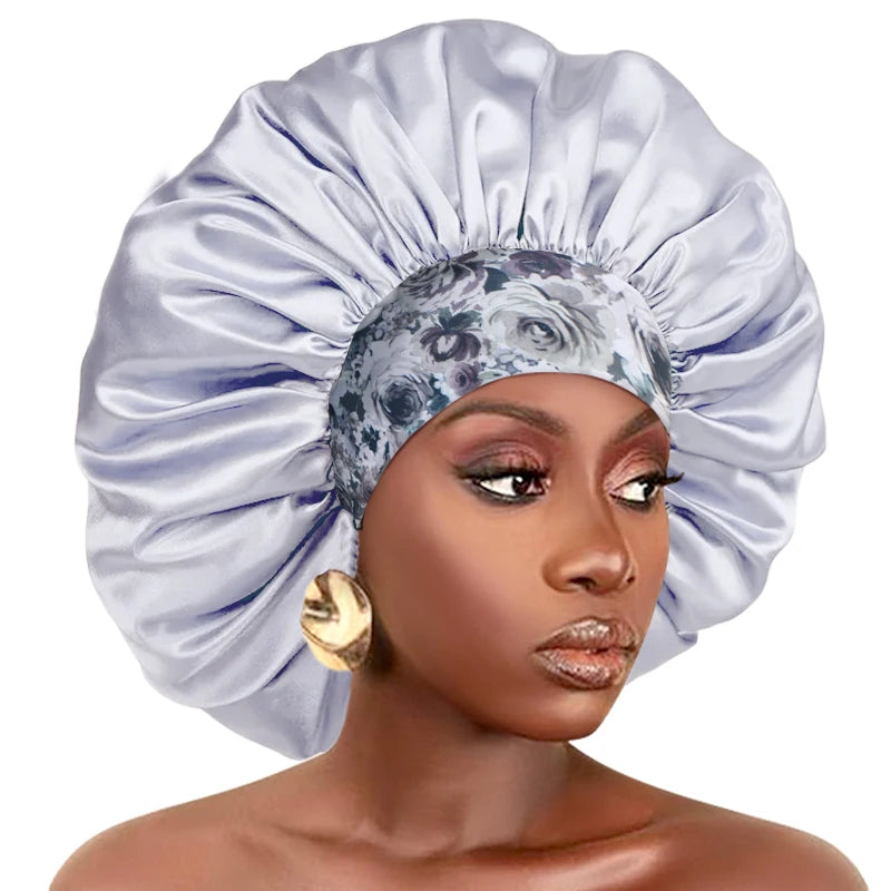 New Big Size Floral Print Bonnet Satin Wide Elastic Band Beanie Night Sleep Caps Head Cover African Headwrap Turban Chemo Caps - NamafadStore