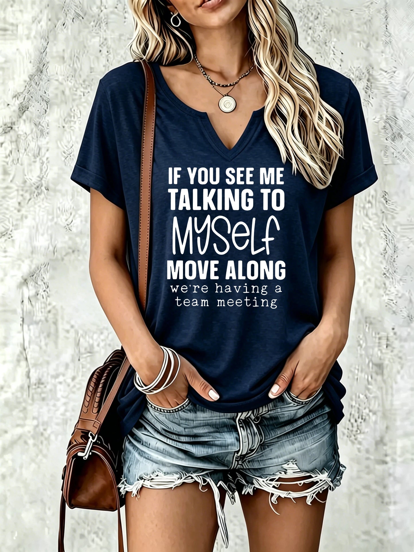 Women Summer V Neck T-shirt, Funny Team Meeting Slogan Letter Print, Soft Casual Humor Daily Basic Tee for Ladies