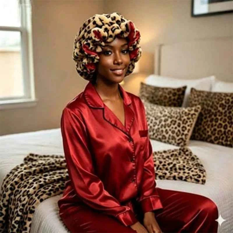 Unisex Leopard Plush Bow Sleep Bonnet Satin Lined Anti-Frizz Quick Dry Bath Cap Men Women Night Hair Protection Shower Head Wrap